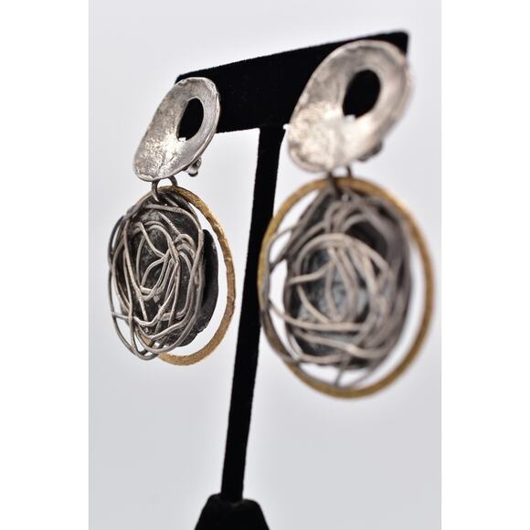 Vintage 925 Brutalist Clip On Earrings Sterling Silver Geometric Chunky BinAV - Picture 3 of 12